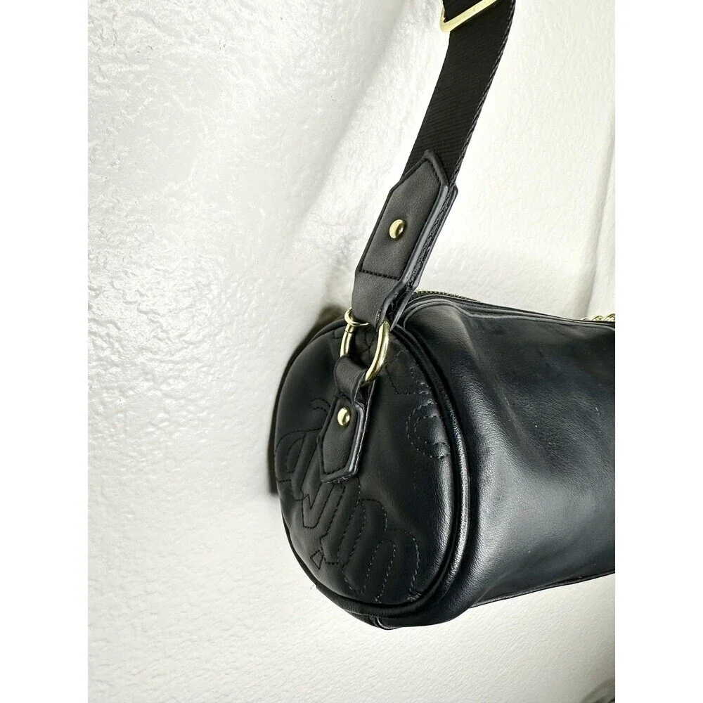 Juicy Couture Crossbody Bag Womens Small Black Faux Leather Chain Logo Barrel